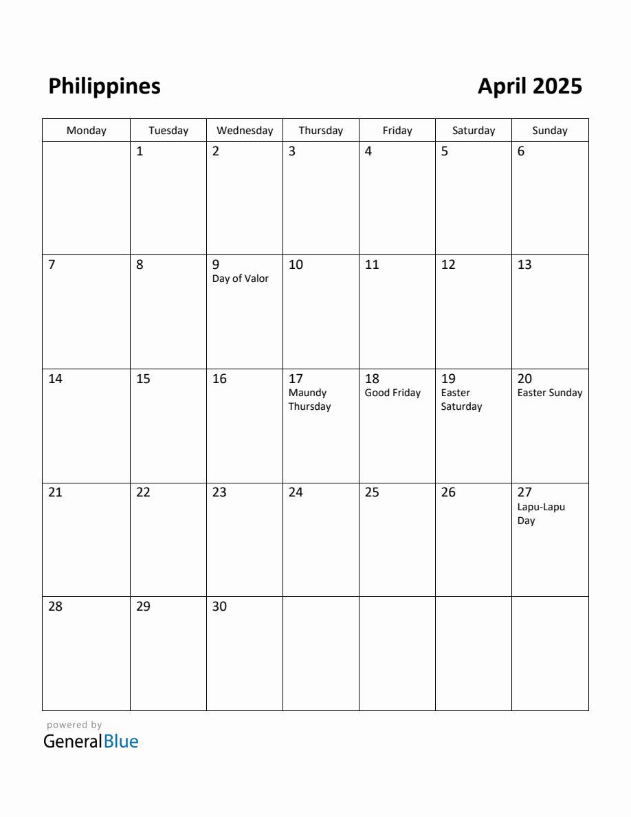 Free Printable April 2025 Calendar for Philippines