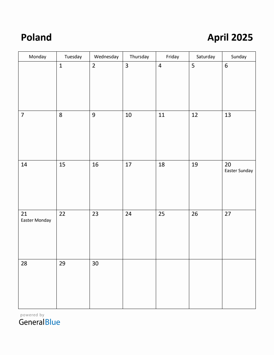 Free Printable April 2025 Calendar for Poland