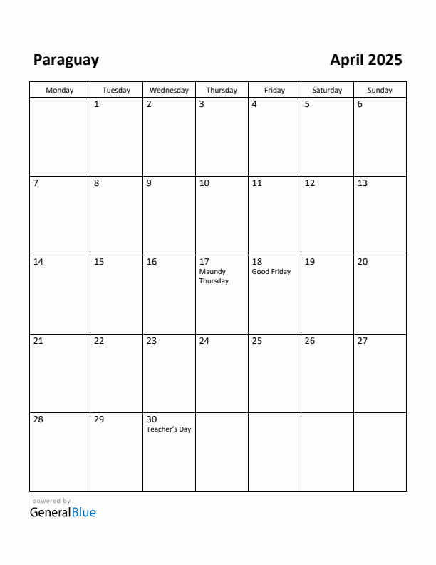 April 2025 Calendar with Paraguay Holidays