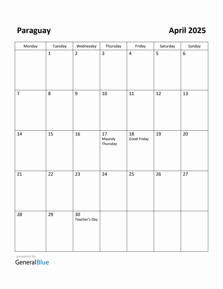 Free Printable April 2025 Calendar for Paraguay