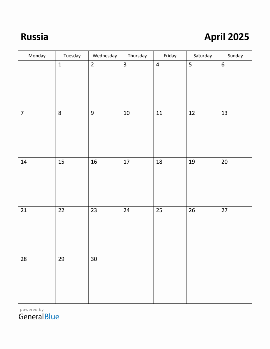 Free Printable April 2025 Calendar for Russia