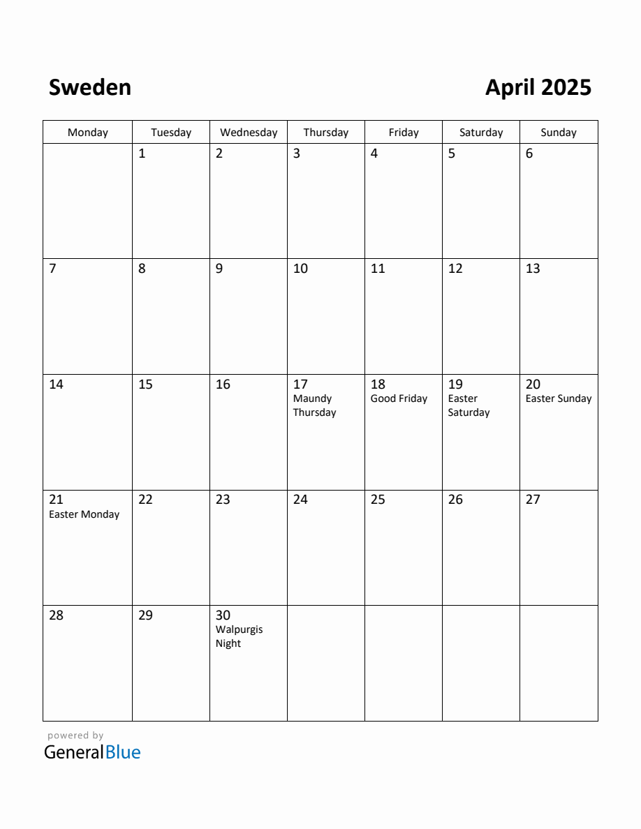 Free Printable April 2025 Calendar for Sweden