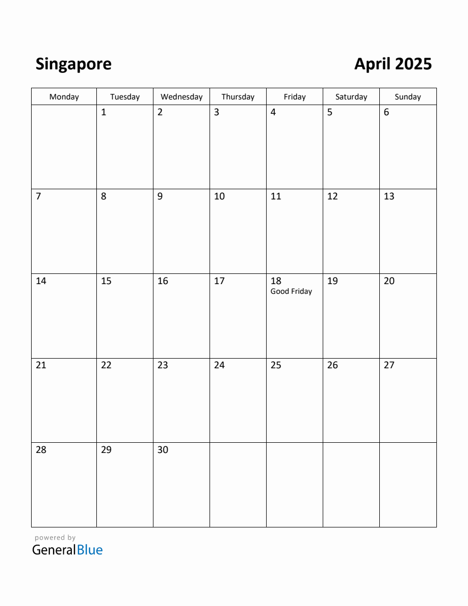 Free Printable April 2025 Calendar for Singapore