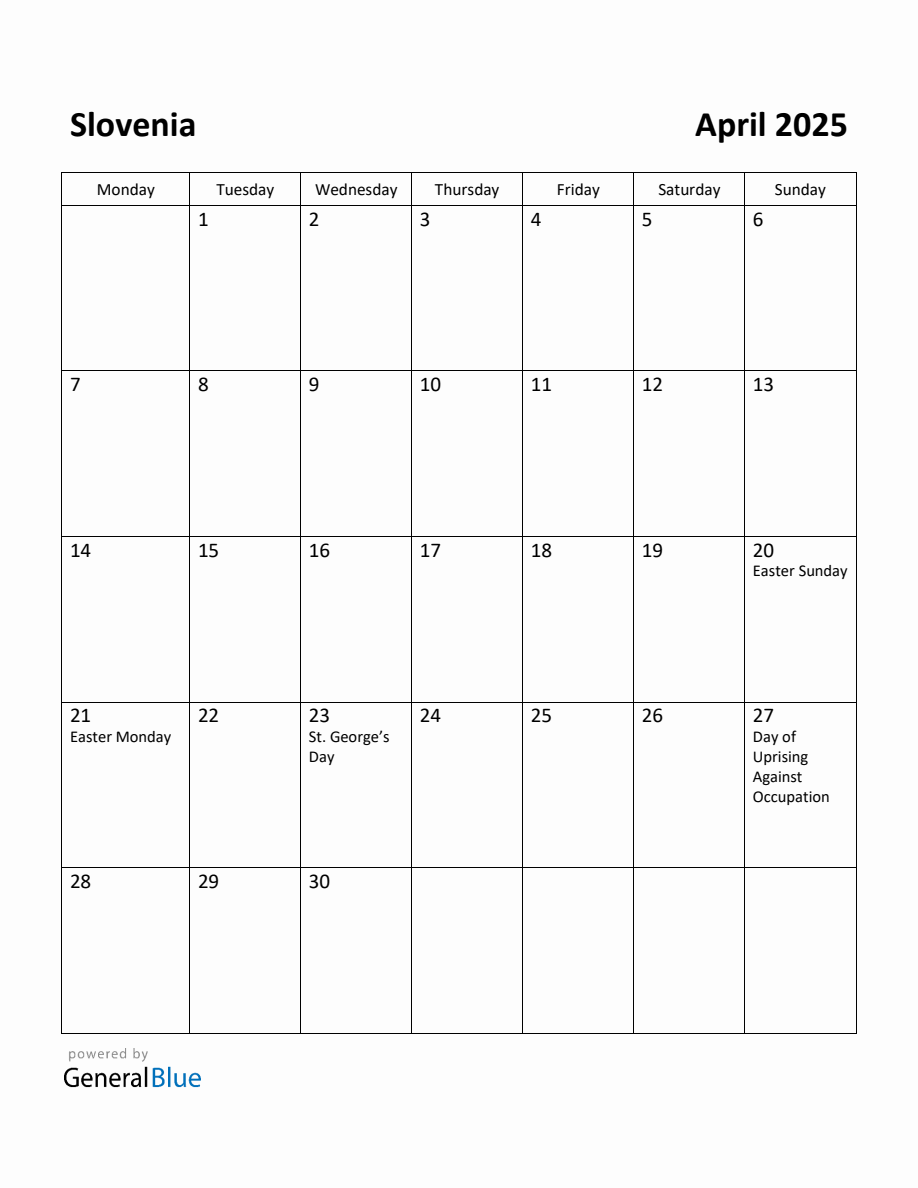 Free Printable April 2025 Calendar for Slovenia