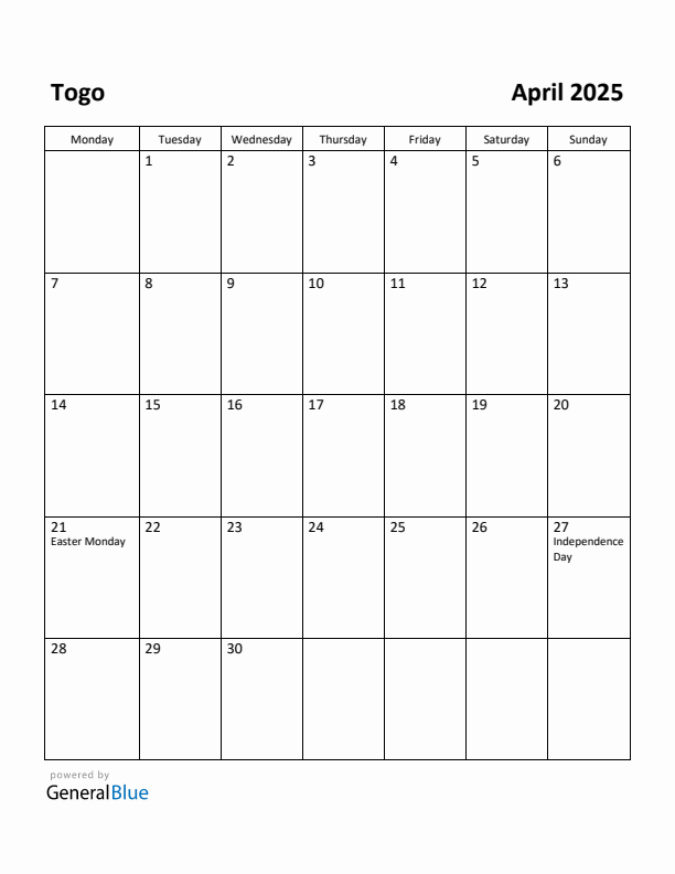 April 2025 Calendar with Togo Holidays