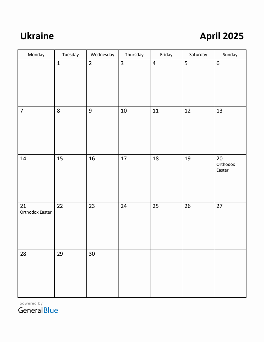 Free Printable April 2025 Calendar for Ukraine