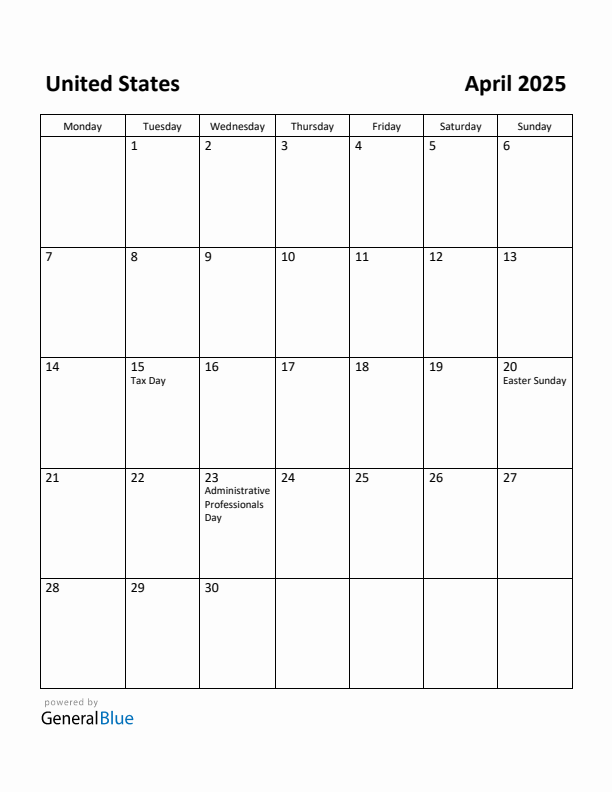 April 2025 Calendar with United States Holidays