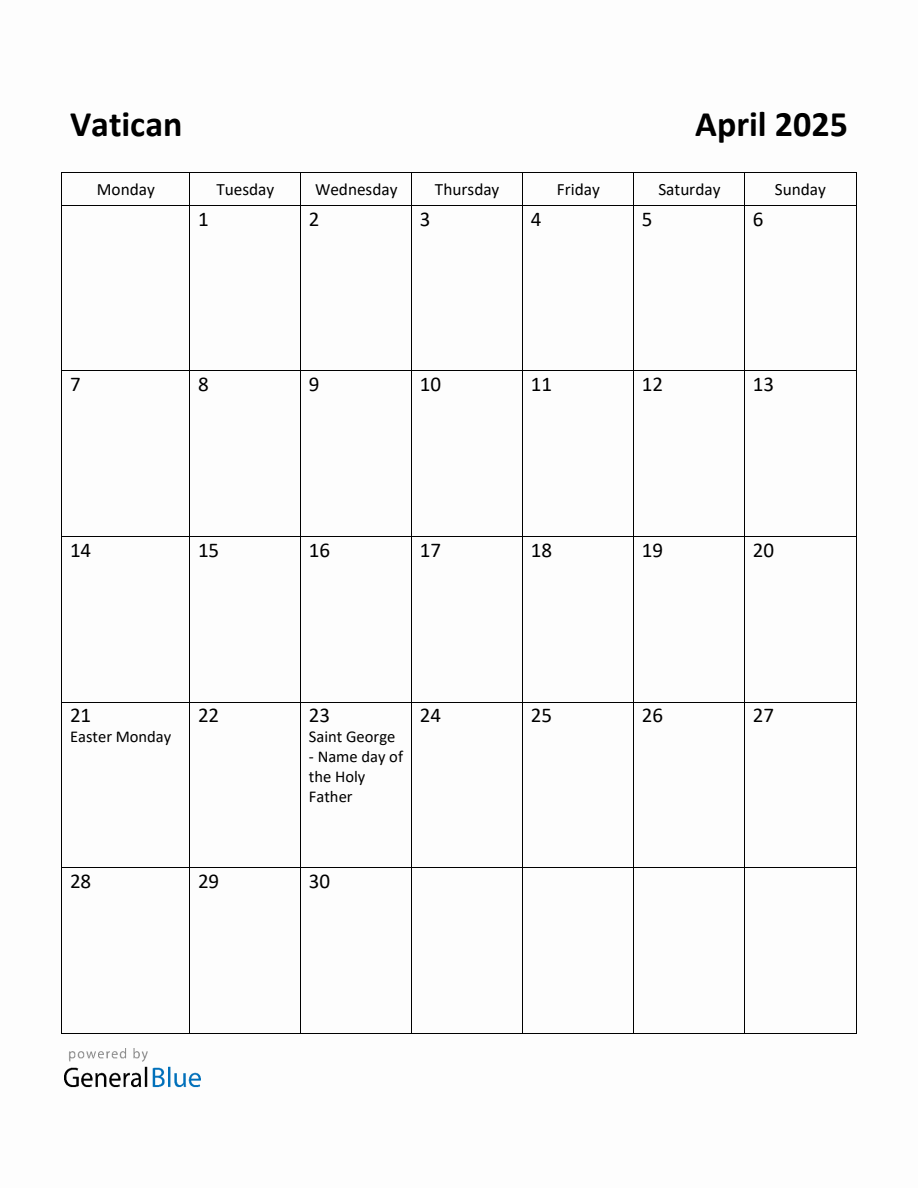 Free Printable April 2025 Calendar for Vatican