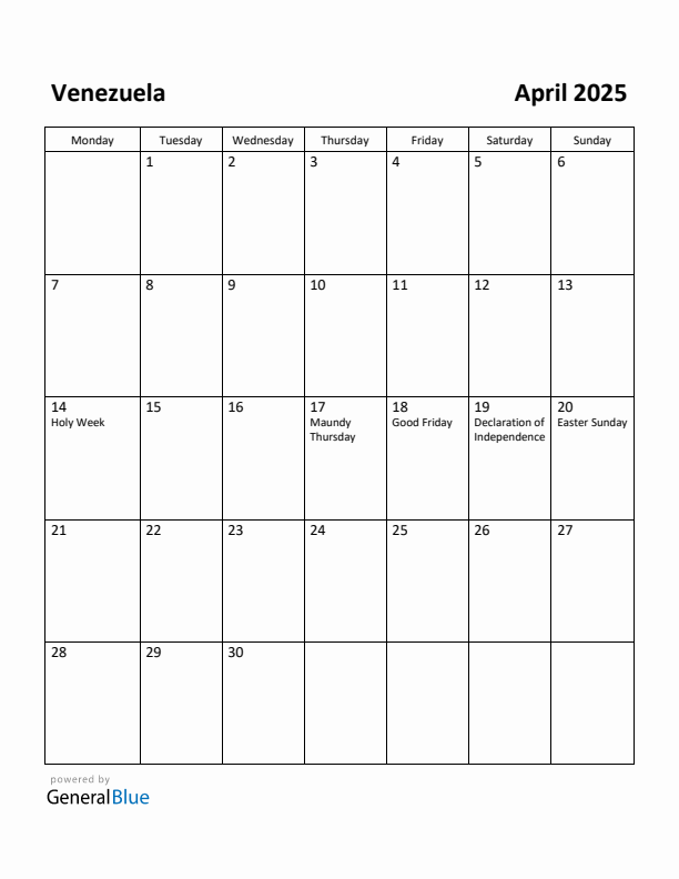 April 2025 Calendar with Venezuela Holidays