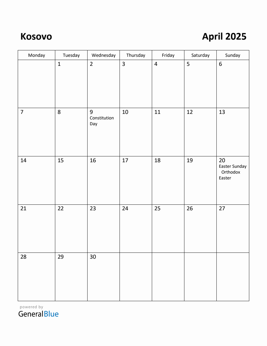 Free Printable April 2025 Calendar for Kosovo