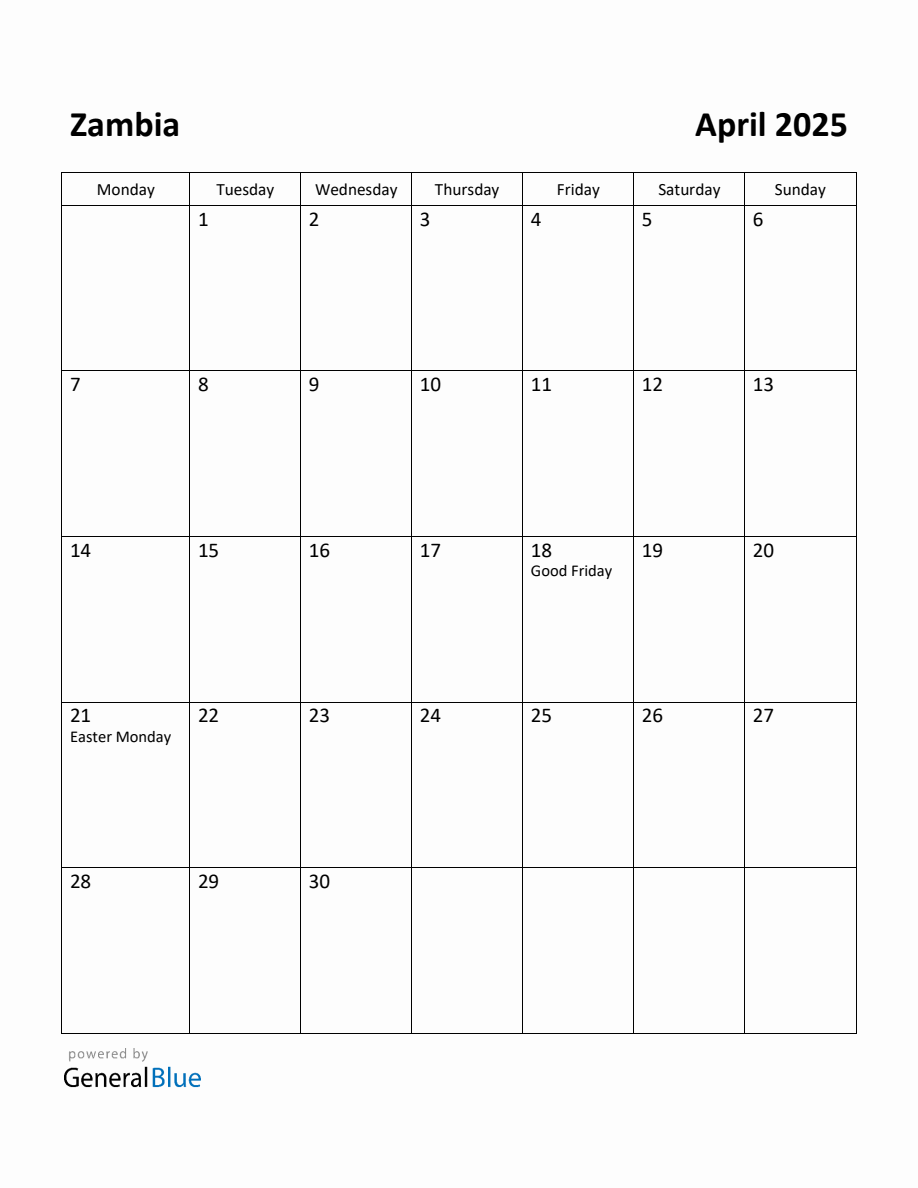 Free Printable April 2025 Calendar for Zambia