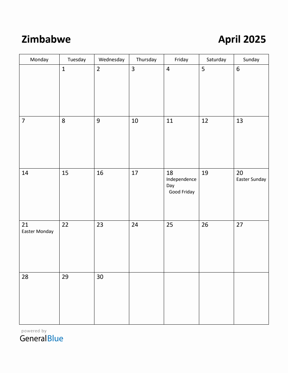 Free Printable April 2025 Calendar for Zimbabwe