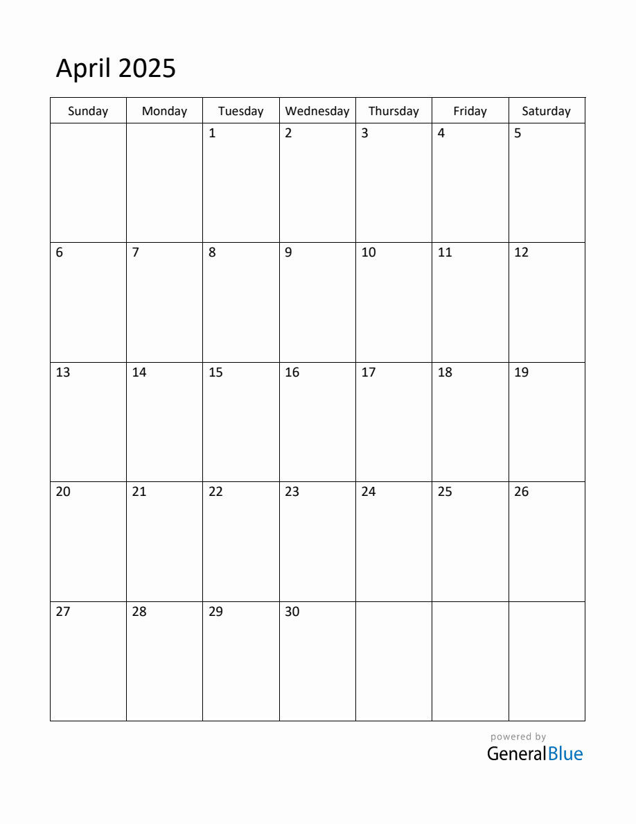 Editable April 2025 Monthly Calendar