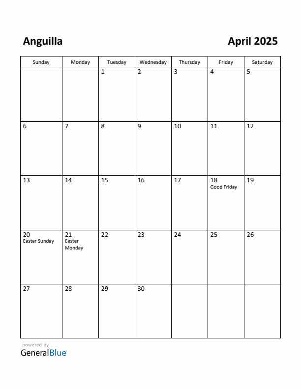 April 2025 Calendar with Anguilla Holidays