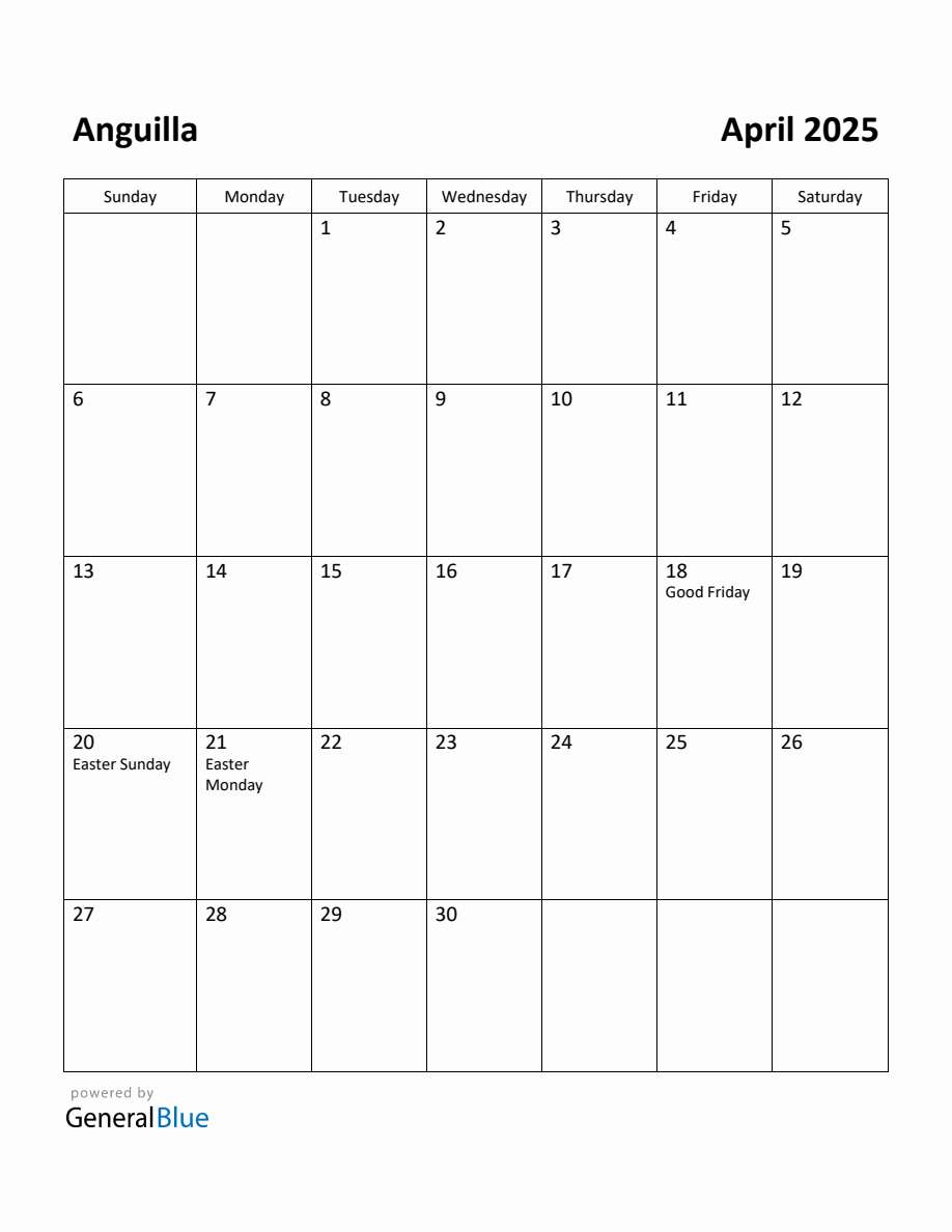 Free Printable April 2025 Calendar for Anguilla