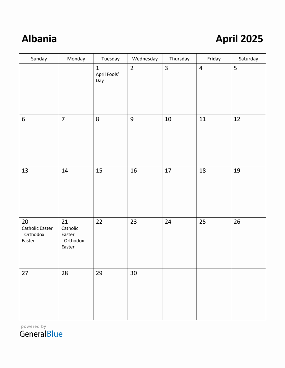 Free Printable April 2025 Calendar for Albania