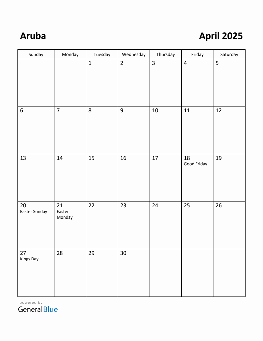 Free Printable April 2025 Calendar for Aruba