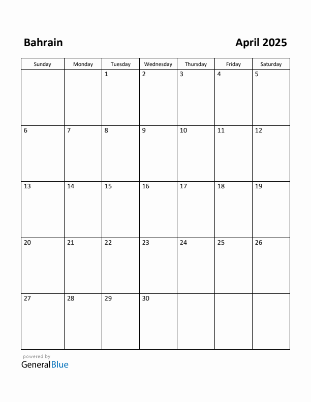 April 2025 Calendar with Bahrain Holidays