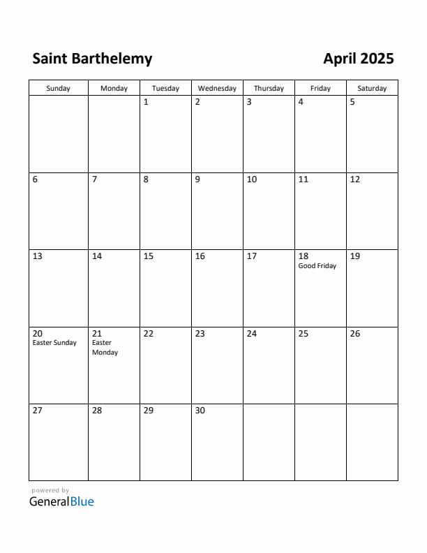 April 2025 Calendar with Saint Barthelemy Holidays