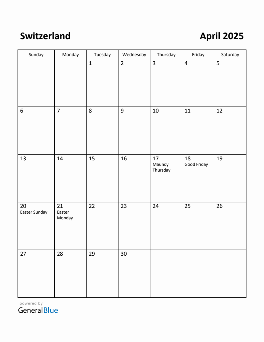 Free Printable April 2025 Calendar for Switzerland