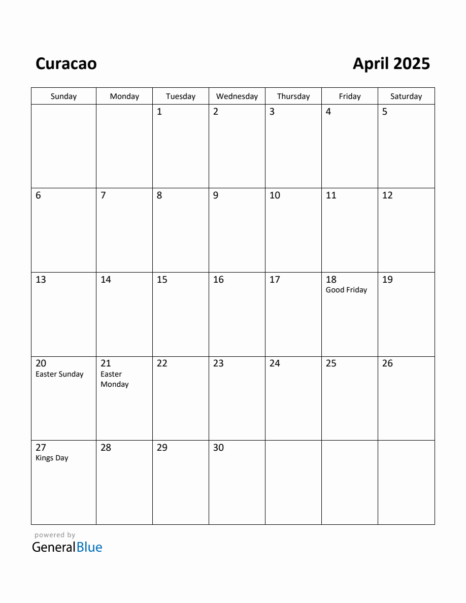 Free Printable April 2025 Calendar for Curacao