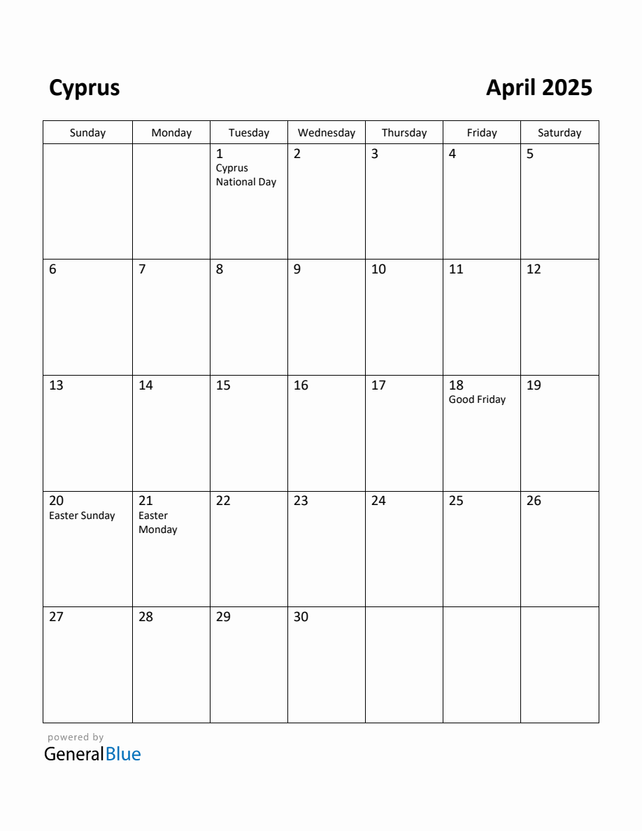 Free Printable April 2025 Calendar for Cyprus