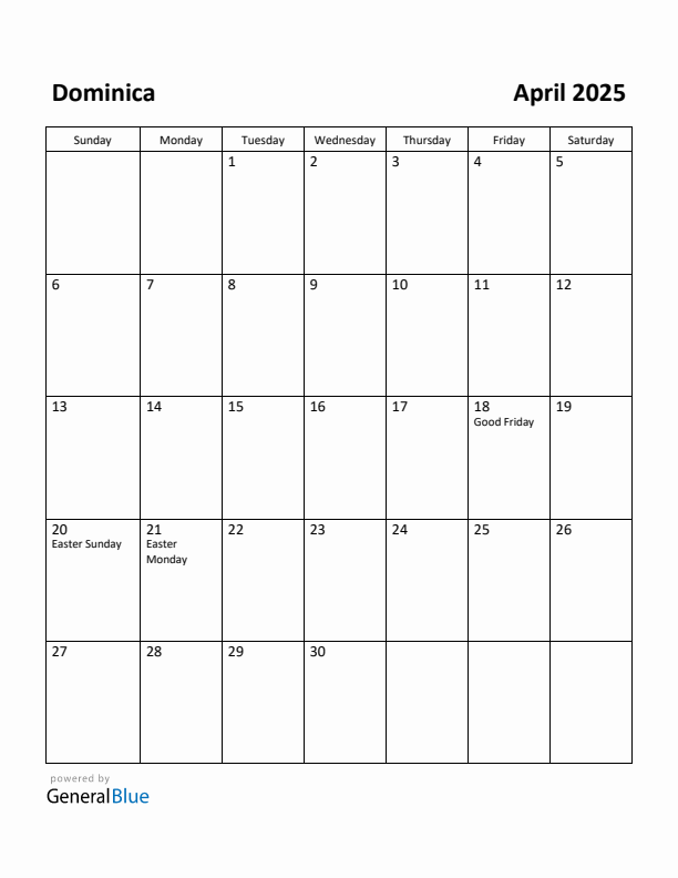 April 2025 Calendar with Dominica Holidays