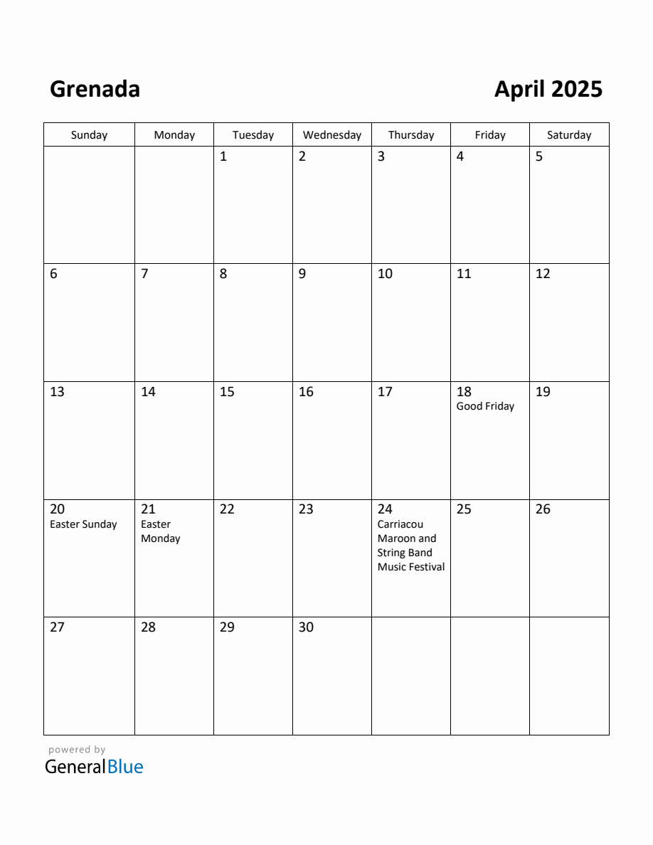 Free Printable April 2025 Calendar for Grenada