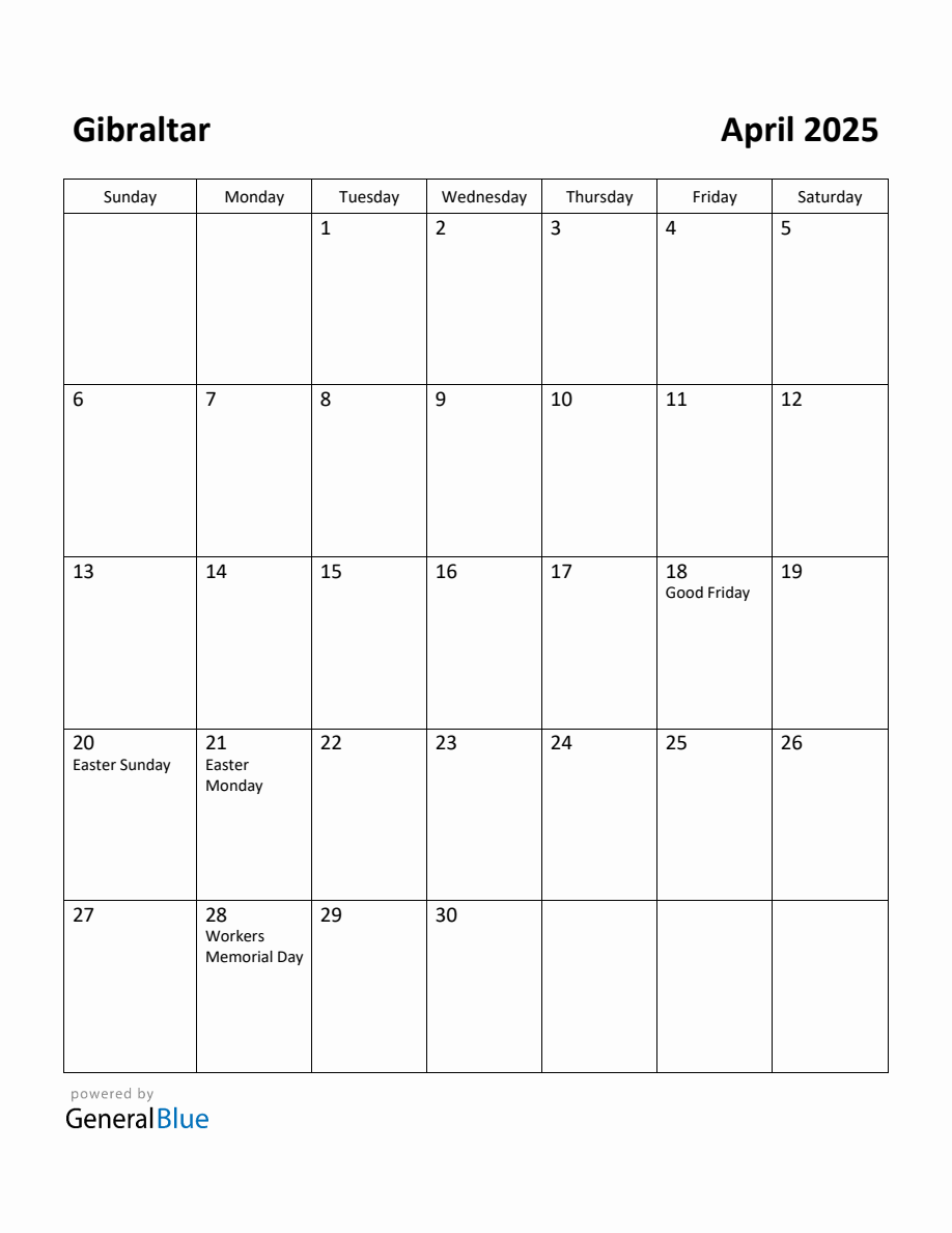 Free Printable April 2025 Calendar for Gibraltar