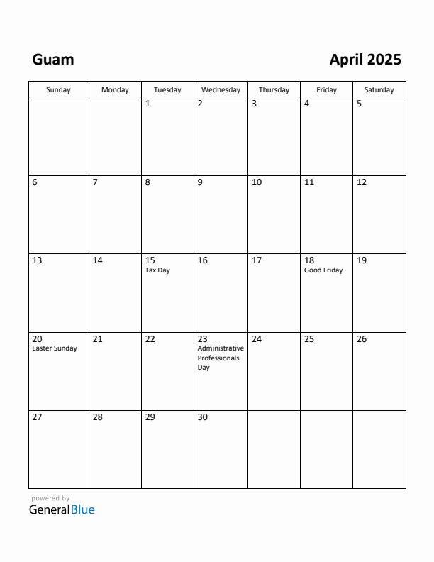 April 2025 Calendar with Guam Holidays