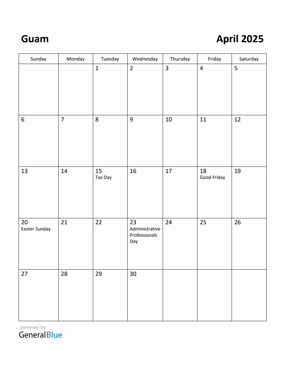 Free Printable April 2025 Calendar for Guam