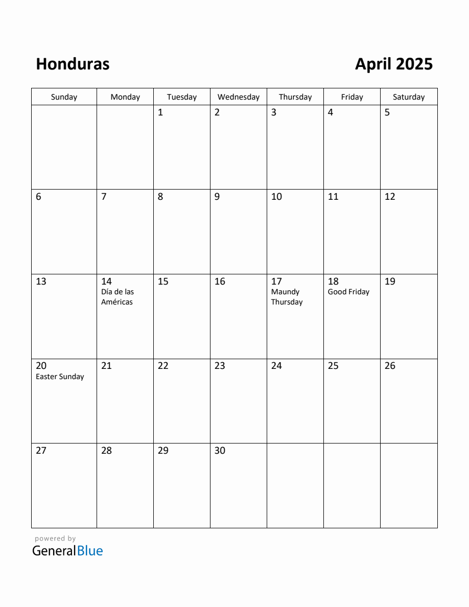 Free Printable April 2025 Calendar for Honduras