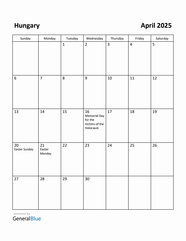 April 2025 Calendar with Hungary Holidays