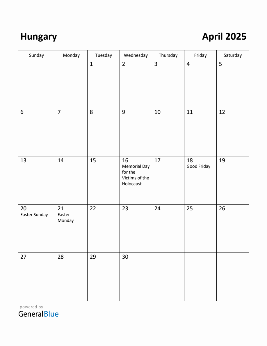 Free Printable April 2025 Calendar for Hungary