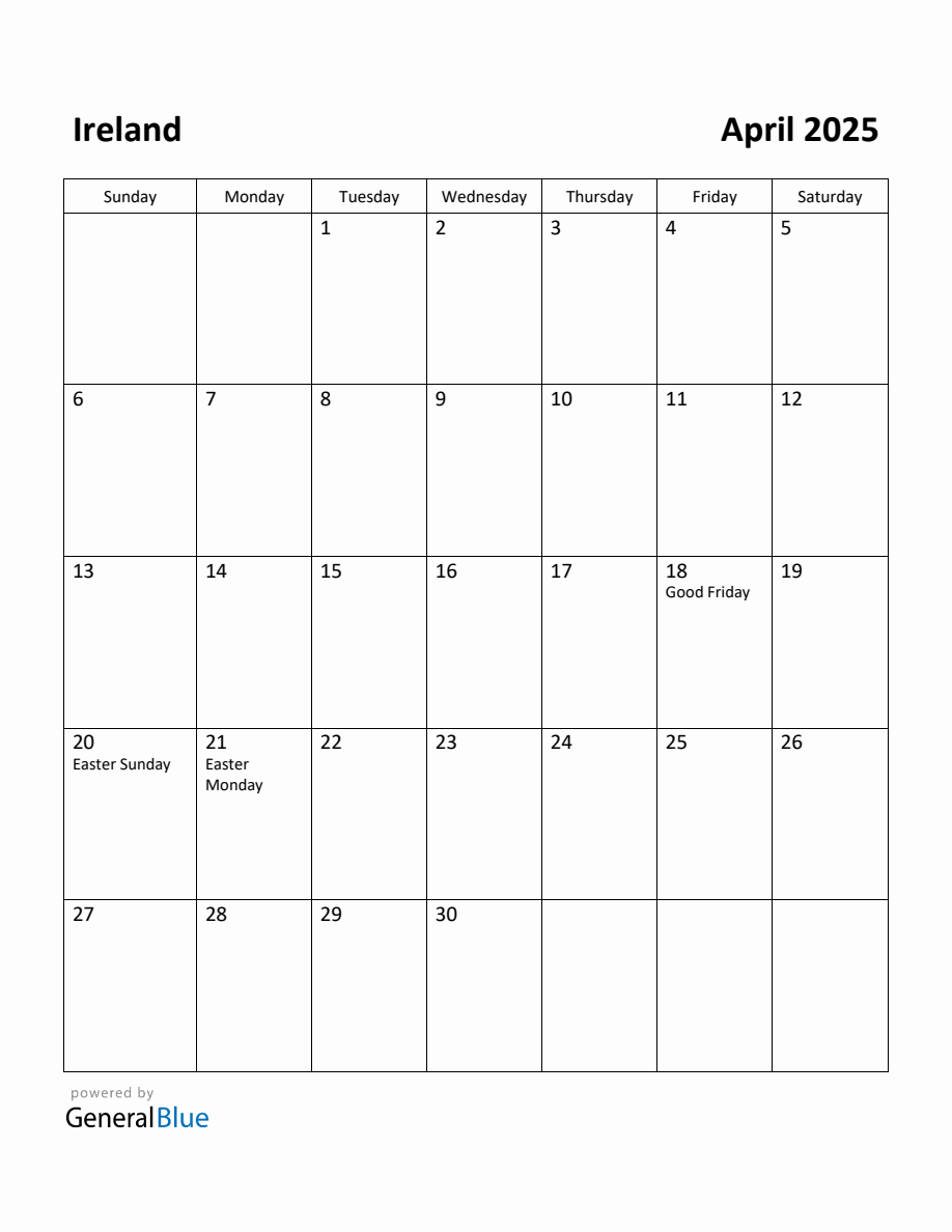 Free Printable April 2025 Calendar for Ireland