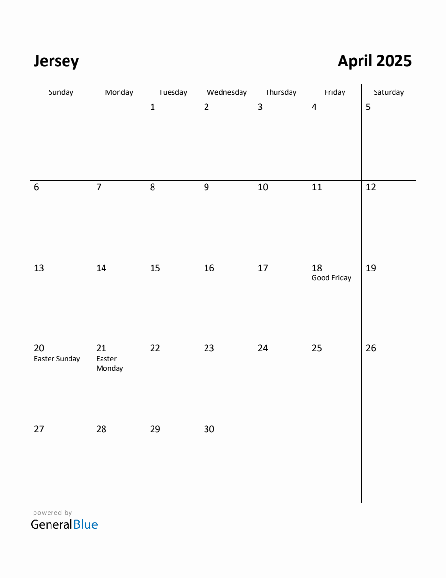 Free Printable April 2025 Calendar for Jersey