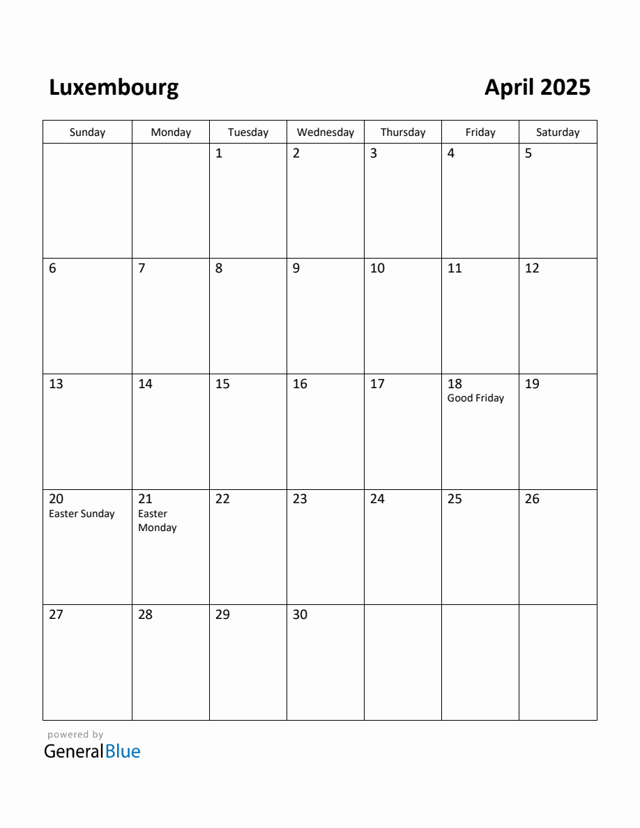 Free Printable April 2025 Calendar for Luxembourg