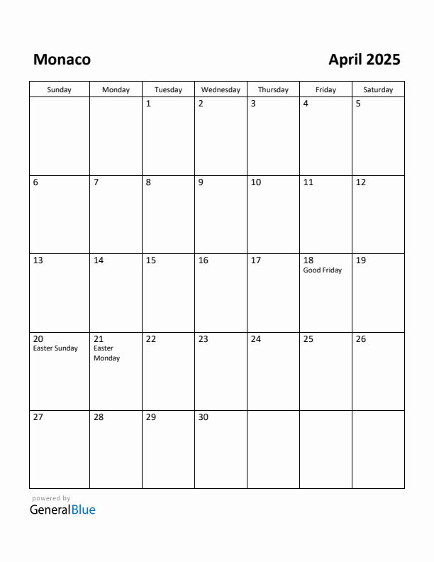 April 2025 Calendar with Monaco Holidays