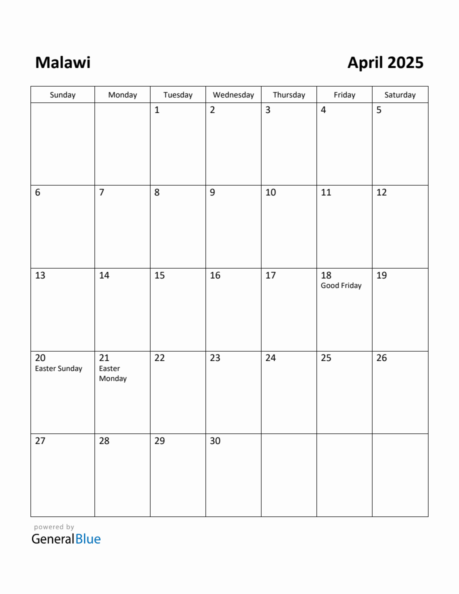 Free Printable April 2025 Calendar for Malawi