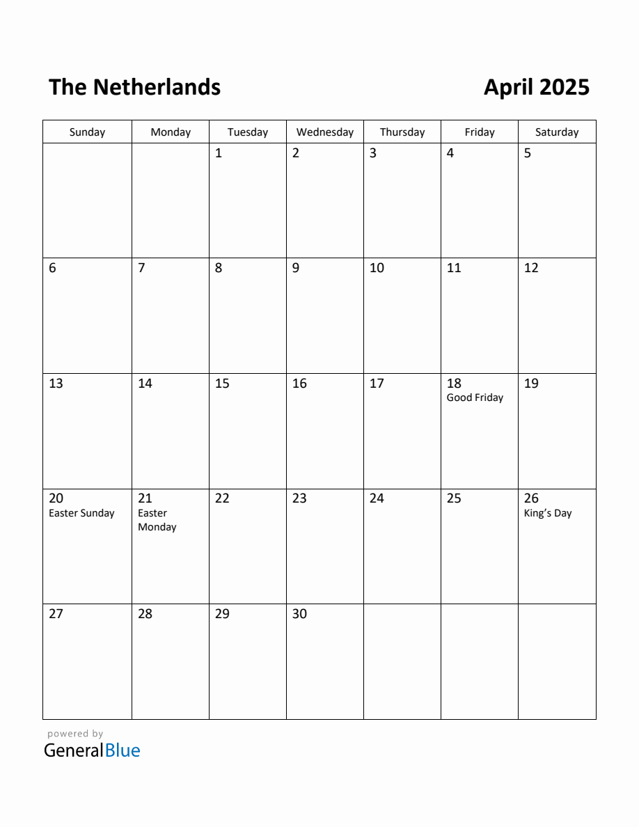 Free Printable April 2025 Calendar for Netherlands