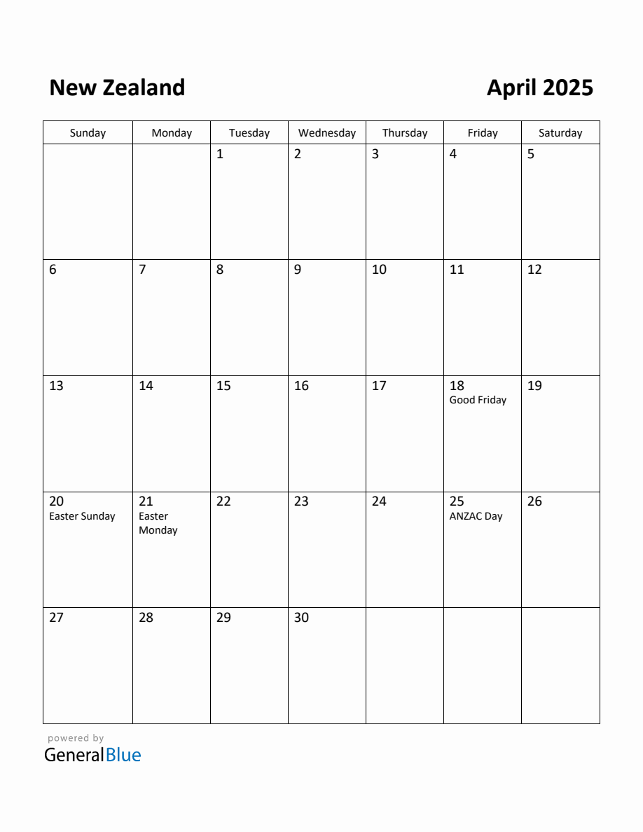 Free Printable April 2025 Calendar for New Zealand