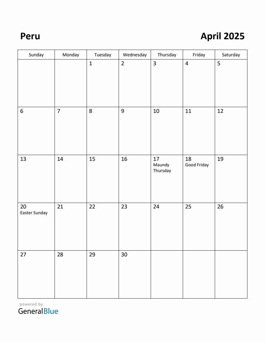 Free Printable April 2025 Calendar for Peru