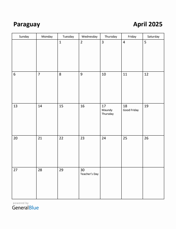 April 2025 Calendar with Paraguay Holidays