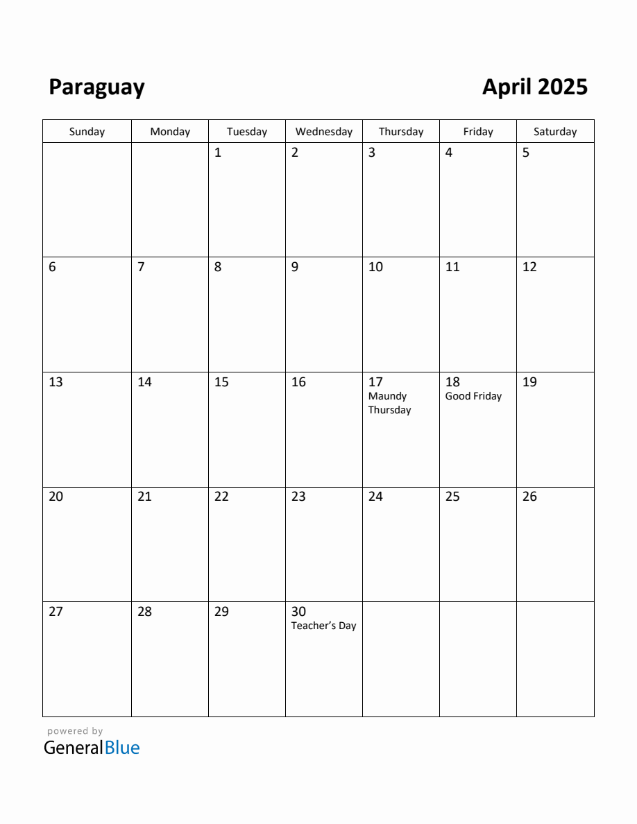 Free Printable April 2025 Calendar for Paraguay