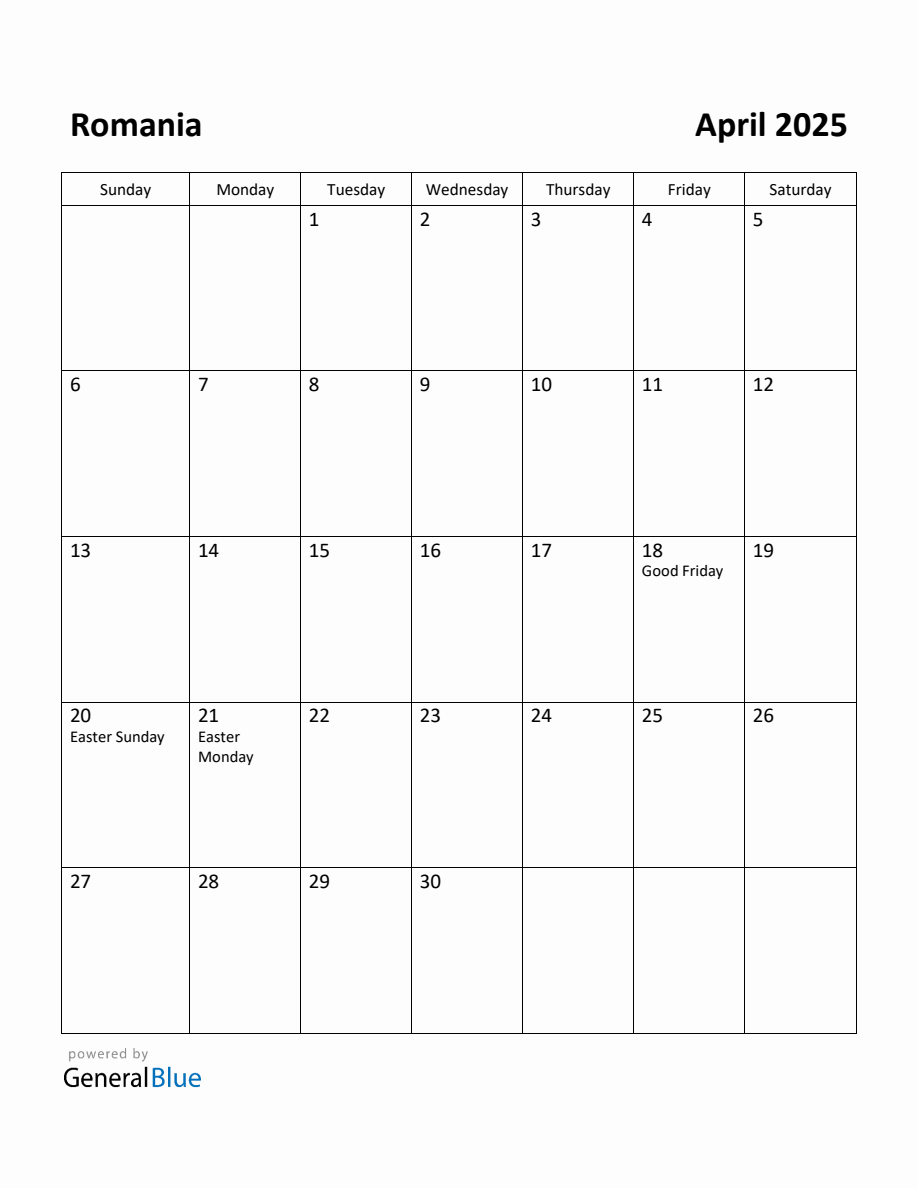 Free Printable April 2025 Calendar for Romania