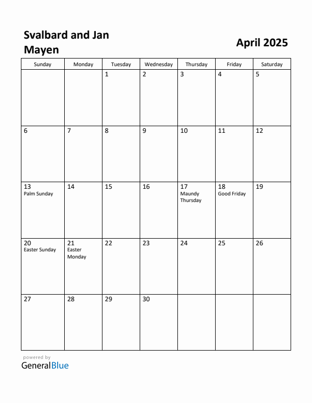 Free Printable April 2025 Calendar for Svalbard and Jan Mayen