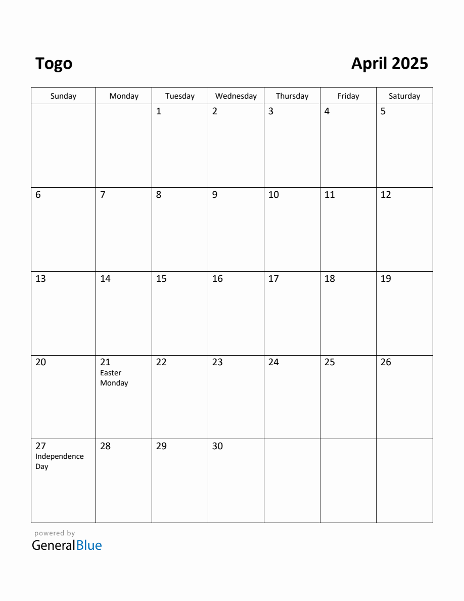 Free Printable April 2025 Calendar for Togo