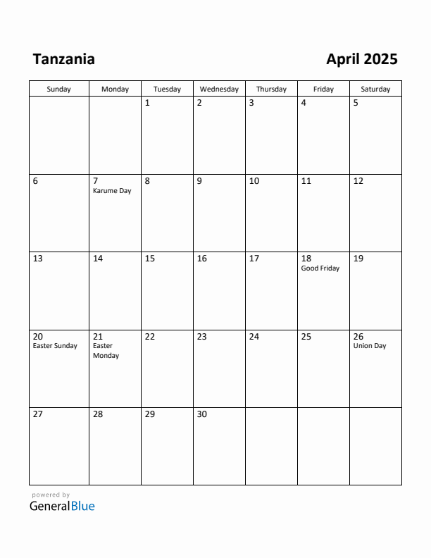 Free Printable April 2025 Calendar for Tanzania