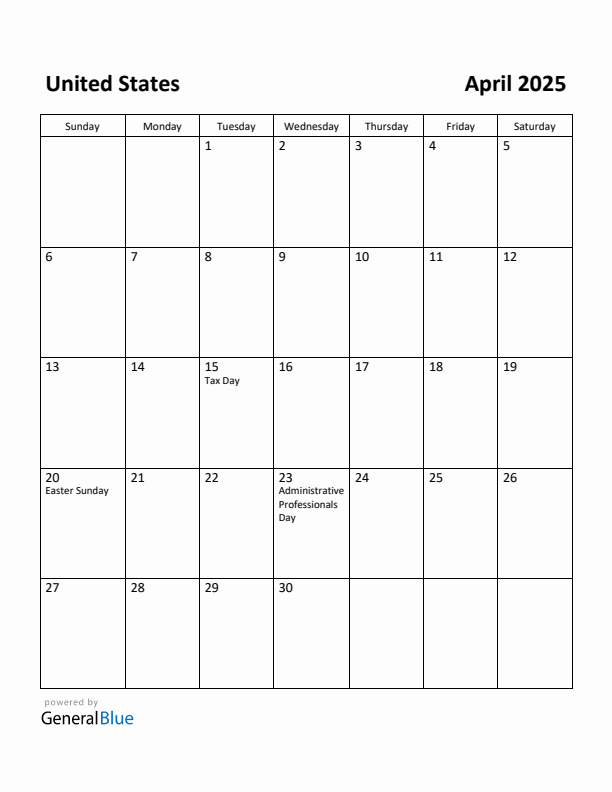 Free Printable April 2025 Calendar for United States