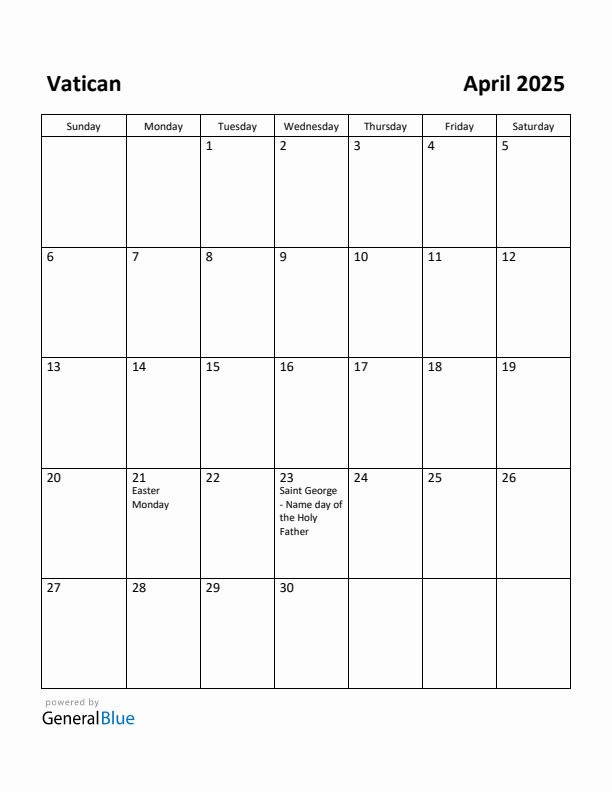 April 2025 Calendar with Vatican Holidays